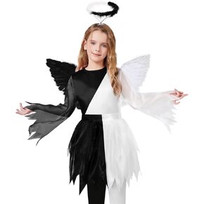 Halloween Fallen Angel Dress for Girls Cosplay Dress Dark Angel Costume with Headband and Wings