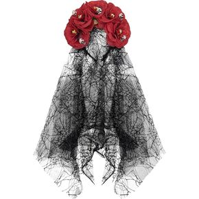 Rose Floral Veil Gothic Rose Lace Bridal Veil Headwear Headdress with Skull Halloween Dress Up Hair Accessories