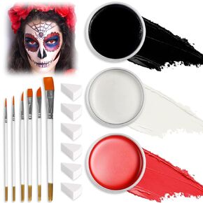 Yosca Red White Black Face Body Paint,150g/5.29 oz Total Clown Makeup Kit, Pro Body Painting Kit for Halloween Zombie Vampire Skeleton SFX Eye Black Makeup with 6 Painting Brushes, 6 Sponges