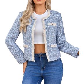 Women's Tweed Blazers Cropped Long Sleeve Crewneck Open Front Lace Trim Lightweight Plaid Work Business Jackets