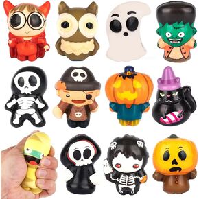 Halloween Squishy Toys for Kids - Set of 12 Halloween Squishies - Slow Rising Squishy Halloween Stress Toys in 12 Designs - Non-Candy for Boys & Girls - Trick or Treat Basket Stuffers