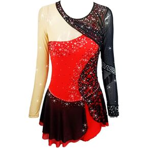 Ice Skating Dress Red Black Stitching Performance wear Teens Long Sleeves Figure Skating Dress for Competition