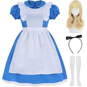 Women Princess Costume Blue Dress Puff Sleeve Maid Costume Fancy Dress with White Apron Halloween Costume Set