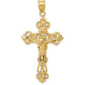 Diamond2Deal 14K Yellow Gold INRI Fleur De Lis Religious Crucifix Cross Pendant