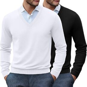 Ficerd 2 Pack Men's V Neck Long Sleeve Sweater Business Casual Slim Fit Pullover Fall Winter Lightweight Soft Sweaters