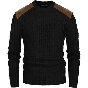 PJ PAUL JONES Men's Military Pullover Sweater Crewneck Vintage Cable Knit Sweater with Suede Patchwork