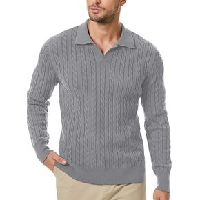 Men's Sweater V Neck Cable Knit Pullover Sweater Casual Long Sleeve Collared Twist Patterned Polo Sweaters