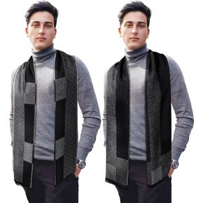 SUNOVELTIES Mens Winter Warm Scarf, 2 Pack Feel Wool Blend Tassel Soft Scarves Black Grey Long Grid Plaid Pattern