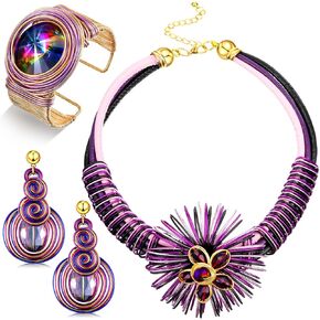 Tondiamo 3 Pieces African Jewelry Set Chunky African Statement Necklace for Women Purple Indian Earring Cuff Bracelet Set Pendent Collar Choker Bib Necklace Ethnic Tribal Costume Jewelry Set Handmade in Saudi Arabia