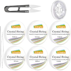 EuTengHao 7 Rolls Elastic Bracelet String Cord 0.4mm/0.5mm/0.6mm/0.7mm/0.8mm/1mm Crystal Stretchy Elastic Bead String with Beading Needles and Scissors for Bracelets Jewelry Making Beading Supplies