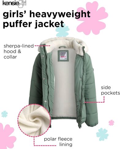 Girls' Heavyweight Puffer Jacket - Polar Fleece Lined Winter Jacket for Girls with Sherpa Collar and Hood (7-16) in Saudi Arabia