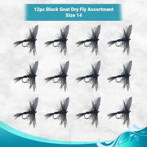 Feeder Creek Black Gnat Dry Flies, One Dozen Nymph Flies for Trout, Bass, Salmon and More Freshwater Fish, Sizes 10-20 Available in Kuwait