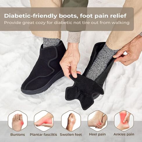 FitVille Diabetic Shoes for Men Extra Wide Width Fully Adjustable Straps Diabetic Boots for Men for Neuropathy Wide Toe Box Diabetic Winter Boots for Men with Warm Fur Lining Foot Pain Relief in Saudi Arabia
