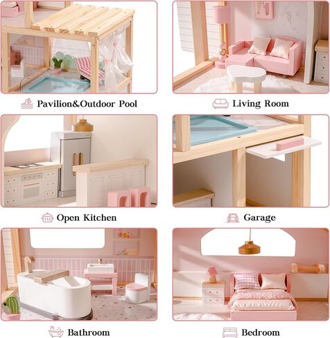بيت الدمى الخشبي من ROBUD، بيت الدمى الخشبي المكون من 6 غرف مع مجموعة أثاث 29 قطعة، مصعد عمل، مرآب، حمام سباحة، هدية مثالية للأطفال بعمر 3 سنوات فما فوق (أسود حديث) in Kuwait