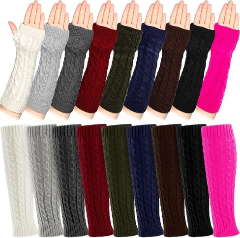 Therwen 18 Pairs Knit Leg Warmers and Arm Warmers Set for Women Winter Sleeve Fingerless Thumb Hole Gloves Mittens in Kuwait