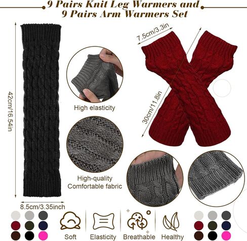 Therwen 18 Pairs Knit Leg Warmers and Arm Warmers Set for Women Winter Sleeve Fingerless Thumb Hole Gloves Mittens in Kuwait