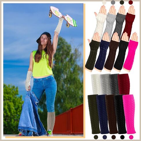 Therwen 18 Pairs Knit Leg Warmers and Arm Warmers Set for Women Winter Sleeve Fingerless Thumb Hole Gloves Mittens in Kuwait