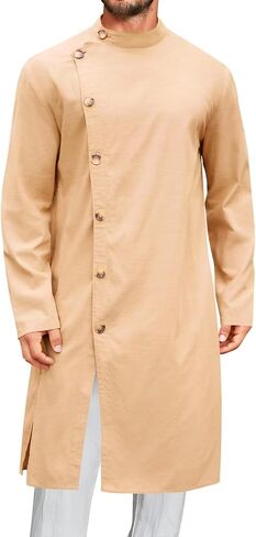 Runcati Mens Kaftan Thobe Button Down Long Sleeve Robe Casual Henley Shirt Cotton Muslim Gown Kurta Tops in Saudi Arabia