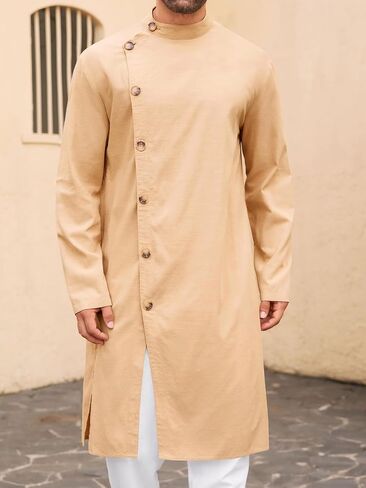 Runcati Mens Kaftan Thobe Button Down Long Sleeve Robe Casual Henley Shirt Cotton Muslim Gown Kurta Tops in Saudi Arabia