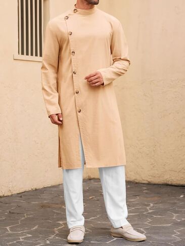 Runcati Mens Kaftan Thobe Button Down Long Sleeve Robe Casual Henley Shirt Cotton Muslim Gown Kurta Tops in Saudi Arabia
