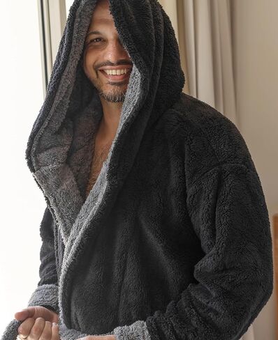 رداء Yoimira للرجال مع غطاء للرأس، رداء طويل من الصوف المخملي كبير وطويل للرجال، رداء حمام كامل الطول مريح ودافئ مع جيوب in Kuwait