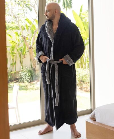 رداء Yoimira للرجال مع غطاء للرأس، رداء طويل من الصوف المخملي كبير وطويل للرجال، رداء حمام كامل الطول مريح ودافئ مع جيوب in Kuwait
