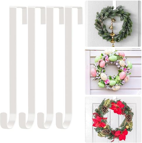 12" Wreath Hangers for Front Door, 4 Pack Over The Door Wreath Hooks Hanger, White Metal Front or Back Door Wreath Holder Hanger Hooks for Hanging Halloween Christmas Front Door Decor Wreath in Kuwait