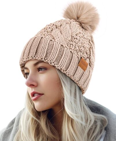 Women's Winter Pompom Beanie Warm and Cozy Knit Hat Fleece Lining Skull Cap for Women in Saudi Arabia