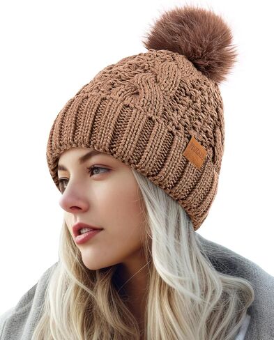 Women's Winter Pompom Beanie Warm and Cozy Knit Hat Fleece Lining Skull Cap for Women in Saudi Arabia