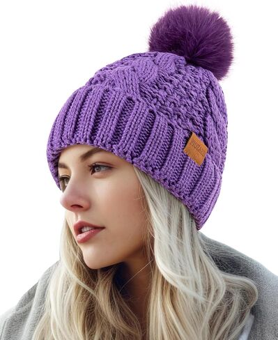 Women's Winter Pompom Beanie Warm and Cozy Knit Hat Fleece Lining Skull Cap for Women in Saudi Arabia