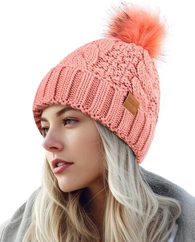 Women's Winter Pompom Beanie Warm and Cozy Knit Hat Fleece Lining Skull Cap for Women in Saudi Arabia
