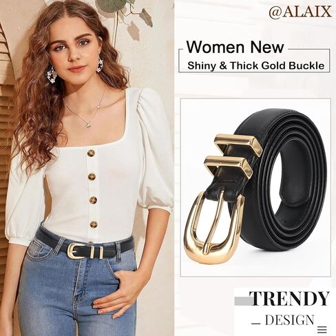 ALAIX Women's Leather Belt for Jeans Pants Dress Black Leather Belt with Gold/Silver Buckle Fashion Jeans Belts for Women in Kuwait