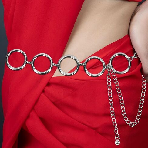 حزام بحلقة كبيرة من سبيكة سلسلة معدنية قابل للتعديل على الموضة حزام خصر فضي بسلسلة معدنية لفستان الجينز 22 بوصة - 42 بوصة in Kuwait