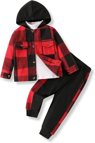 3PCS Toddler Baby Boy Outfits Plaid Jacket Shirts + Long Sleeve Top + Pants Clothing Sets in Saudi Arabia