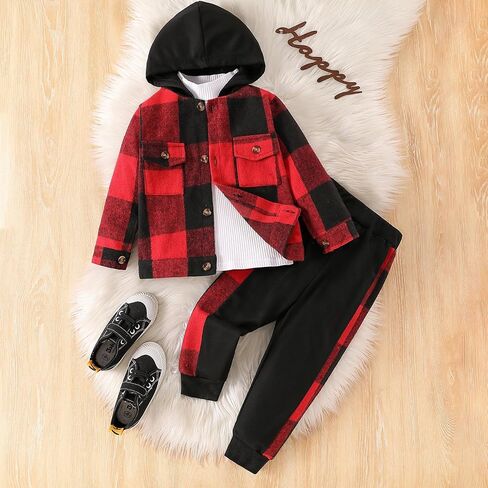 3PCS Toddler Baby Boy Outfits Plaid Jacket Shirts + Long Sleeve Top + Pants Clothing Sets in Saudi Arabia