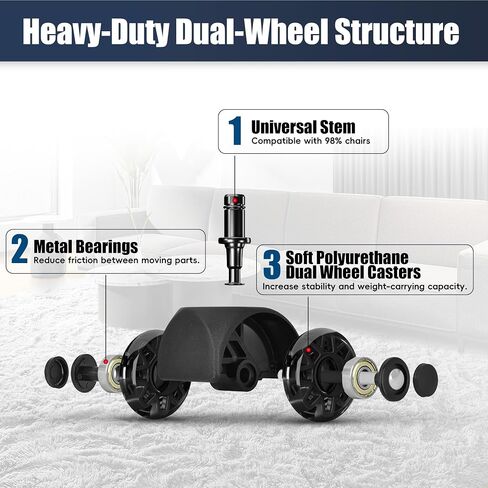 Sytopia Office Chair Wheels Replacement-2.5 Inch, Heavy Duty Caster Wheels Set of 5 for Carpet and Hardwood Floors Replace Office Chair Mat Universal Size(11x22 mm) Fits 99%-Black in Saudi Arabia