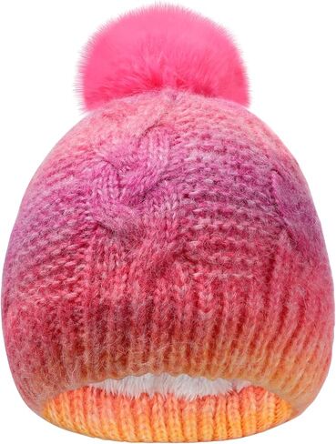 Kids Knit Slouchy Beanie Girls Winter Hat Warm Fleece Lined Pom Pom Cap, Multicolor in Kuwait