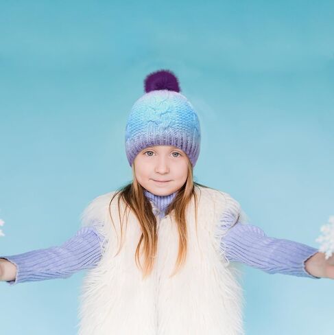 Kids Knit Slouchy Beanie Girls Winter Hat Warm Fleece Lined Pom Pom Cap, Multicolor in Kuwait