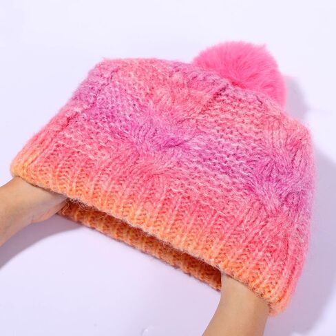 Kids Knit Slouchy Beanie Girls Winter Hat Warm Fleece Lined Pom Pom Cap, Multicolor in Kuwait