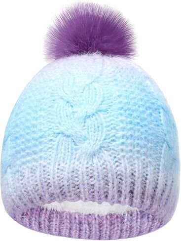 Kids Knit Slouchy Beanie Girls Winter Hat Warm Fleece Lined Pom Pom Cap, Multicolor in Kuwait