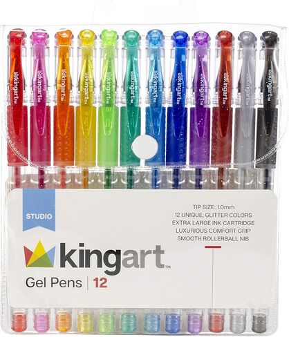 KingArt 400-12 Glitter Rollerball Gel Pens, 12 Sparkling Colors with Soft-Grip Comfort, XL Ink Cartridge - More Ink, Great for All Ages, Writing, Coloring, Doodling, Scrapbooking, Journaling & More in Kuwait