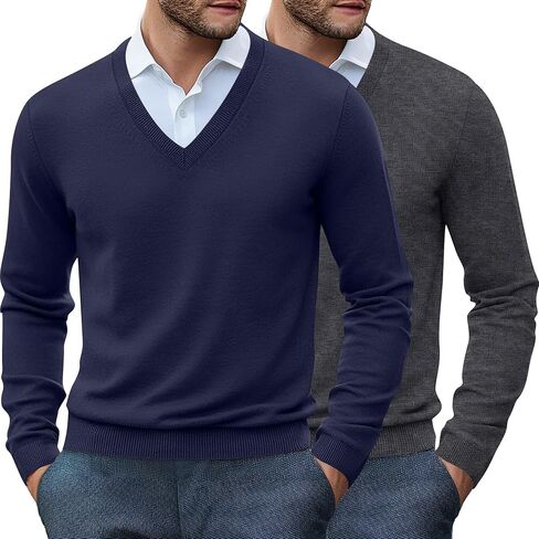 Ficerd 2 Pack Men's V Neck Long Sleeve Sweater Business Casual Slim Fit Pullover Fall Winter Lightweight Soft Sweaters in Saudi Arabia