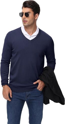 Ficerd 2 Pack Men's V Neck Long Sleeve Sweater Business Casual Slim Fit Pullover Fall Winter Lightweight Soft Sweaters in Saudi Arabia