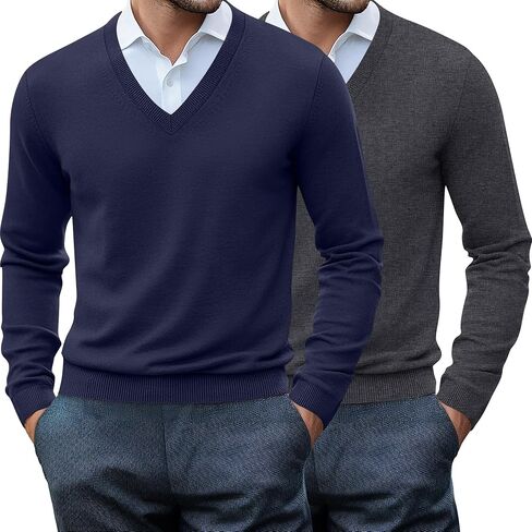 Ficerd 2 Pack Men's V Neck Long Sleeve Sweater Business Casual Slim Fit Pullover Fall Winter Lightweight Soft Sweaters in Saudi Arabia