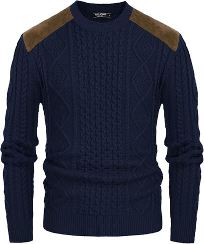 PJ PAUL JONES Men's Military Pullover Sweater Crewneck Vintage Cable Knit Sweater with Suede Patchwork in Saudi Arabia