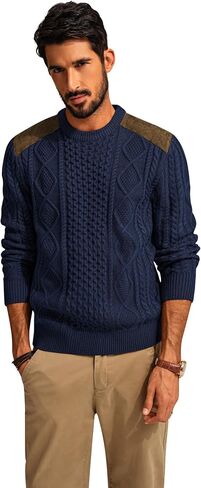 PJ PAUL JONES Men's Military Pullover Sweater Crewneck Vintage Cable Knit Sweater with Suede Patchwork in Saudi Arabia