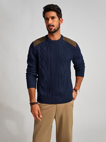 PJ PAUL JONES Men's Military Pullover Sweater Crewneck Vintage Cable Knit Sweater with Suede Patchwork in Saudi Arabia