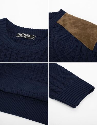 PJ PAUL JONES Men's Military Pullover Sweater Crewneck Vintage Cable Knit Sweater with Suede Patchwork in Saudi Arabia