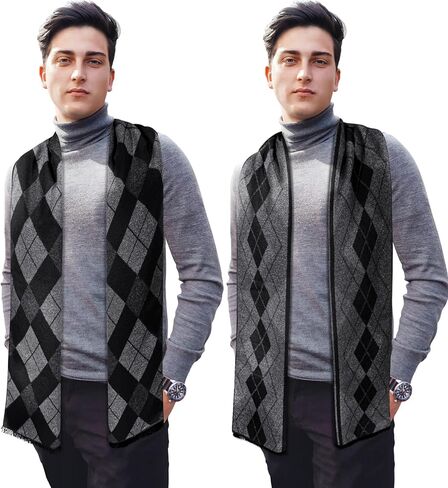 SUNOVELTIES Mens Winter Warm Scarf, 2 Pack Feel Wool Blend Tassel Soft Scarves Black Grey Long Grid Plaid Pattern in Saudi Arabia