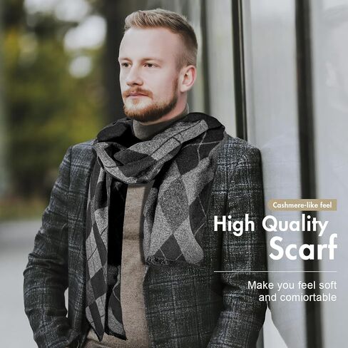 SUNOVELTIES Mens Winter Warm Scarf, 2 Pack Feel Wool Blend Tassel Soft Scarves Black Grey Long Grid Plaid Pattern in Saudi Arabia